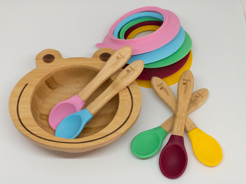 Spill-Free, Natural Bamboo Kids Bowl with Suction and Spoon - Comes in 6 different colours
