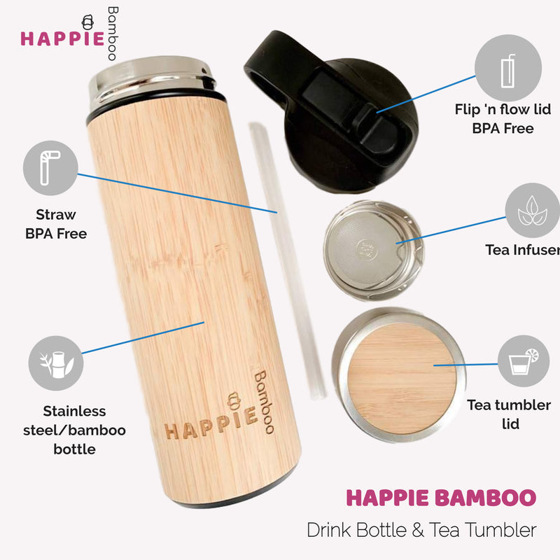 Natural Bamboo / Stainless Steel Drink Bottle - Tea Tumbler 350ml (3 Different Colours)