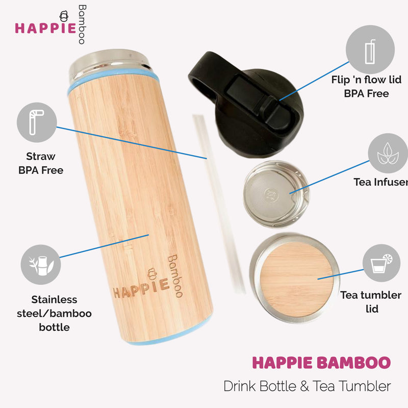 Natural Bamboo / Stainless Steel Drink Bottle - Tea Tumbler 350ml (3 Different Colours)