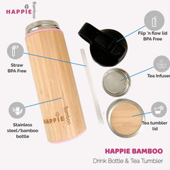 Natural Bamboo / Stainless Steel Drink Bottle - Tea Tumbler 350ml (3 Different Colours)